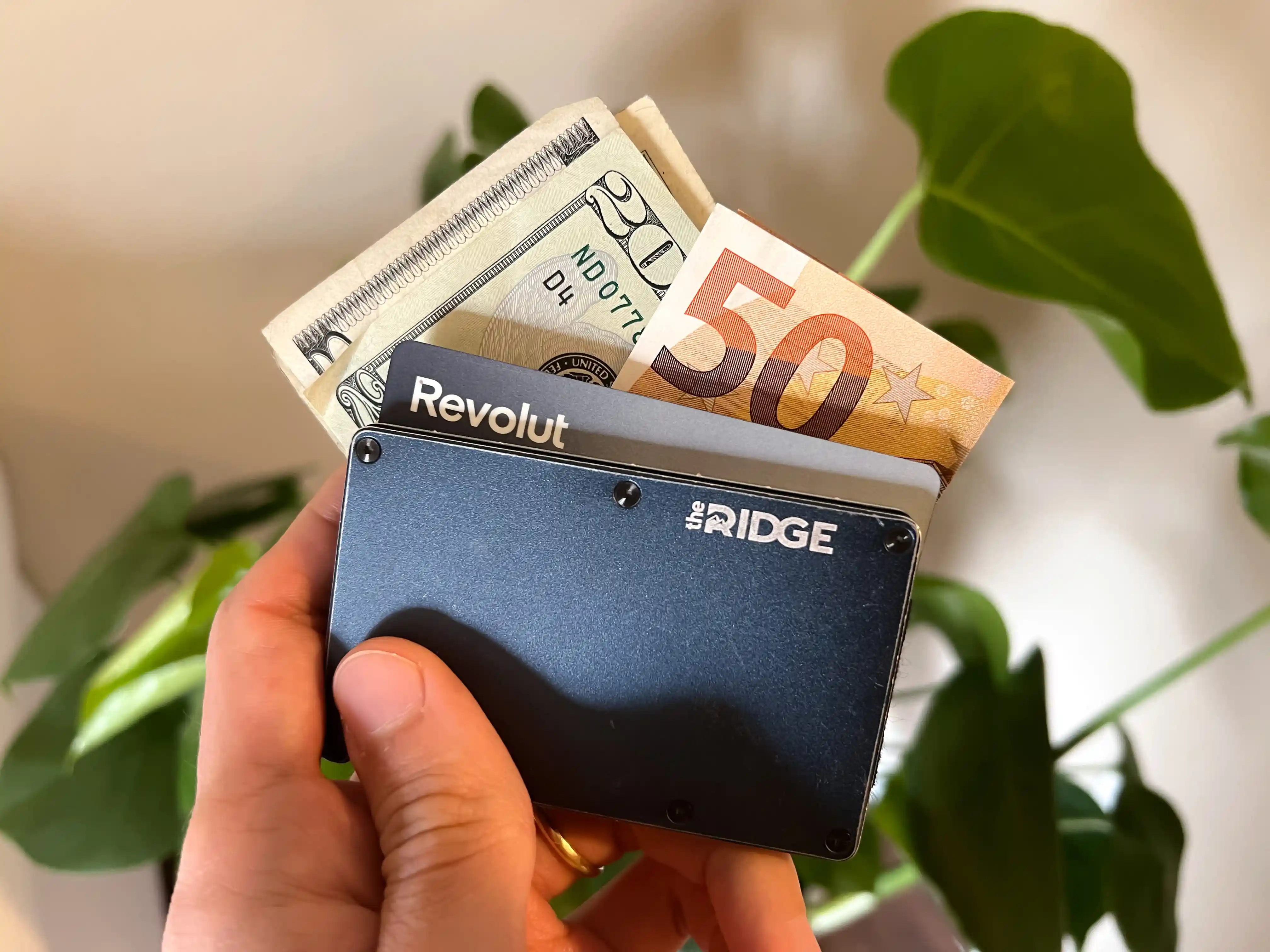 minimalist wallet with cards dollars and euros
